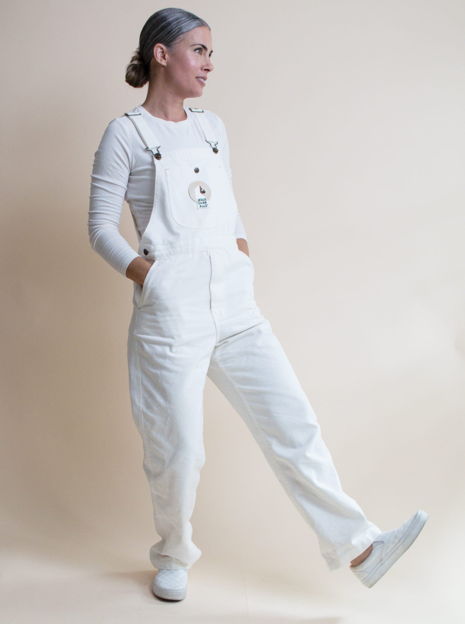 women's white faith-based overalls